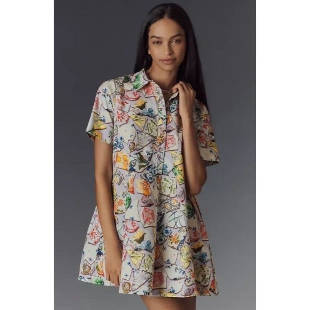 Anthropologie Pollie Swing Tunic Mini Dress Lilac Plates Porcelain Size Large